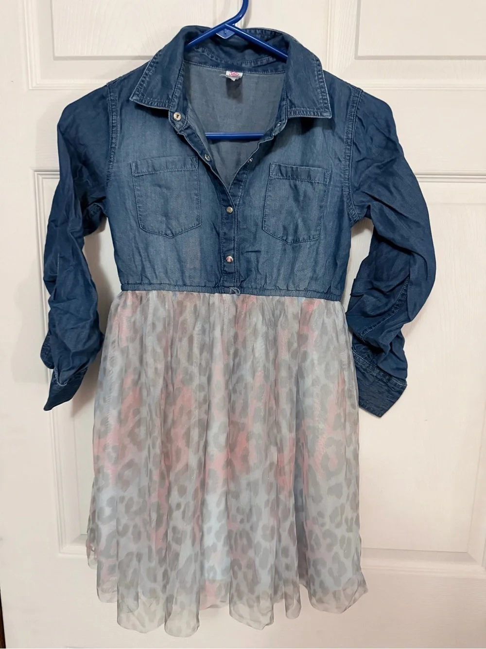 Justice Denim-Look Top Dress with Pink & Gray Printed Skirt